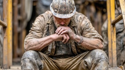 Obraz premium Dirty worker with hardhat sits with head down, hands clasped, appearing tired and contemplative.