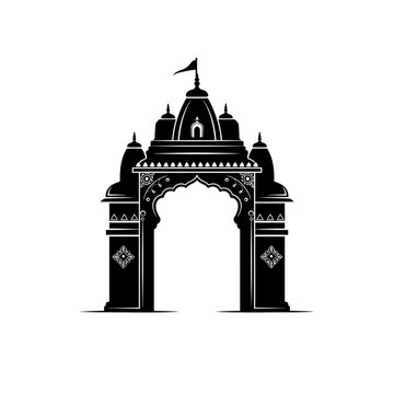Illustration of an ornate temple gate in black and white silhouette