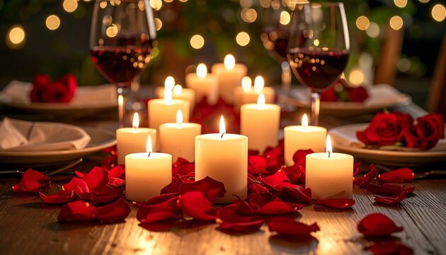 Romantic dinner table with candles, roses, and wine
