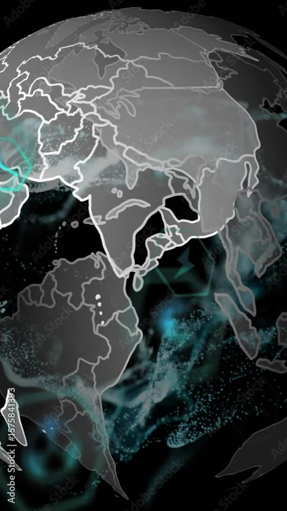 Poster rotating globe with network connections and data processing animation over black background