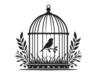 bird in a cage logo design silhouette vectors illustration, bird in a cage silhouette vector logo, silhouette birdcage vector logo, vintage black birdcage logo silhouettes vector on a white background
