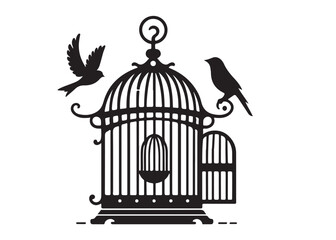 bird in a cage logo design silhouette vectors illustration, bird in a cage silhouette vector logo, silhouette birdcage vector logo, vintage black birdcage logo silhouettes vector on a white background