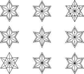 Fototapeta premium Image is a digital illustration featuring a grid layout of nine black and white star designs, arranged in three rows and three columns against a plain white background. Each star has a unique geometri