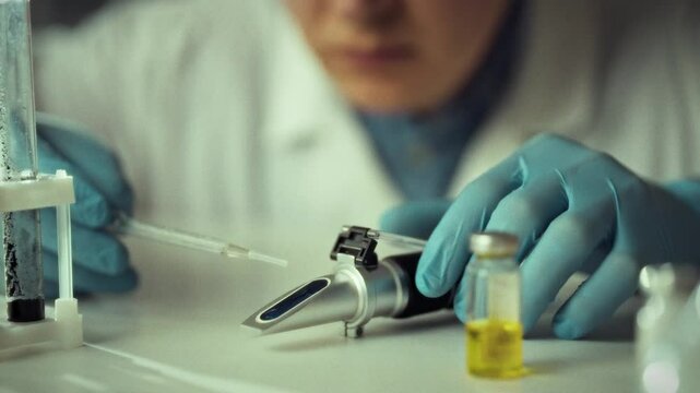 A scientist in a lab coat and gloves carefully uses a refractometer after drawing a sample with a pipette. The laboratory is filled with various equipment and liquids, indicating focused research