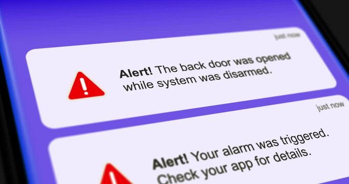 Home security system alerts, incoming messages on smartphone screen with security notifications, list of scrolling messages, footage