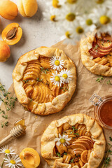 Summer apricot galeta with honey on baking parchment sheet. Summer open tart or pie