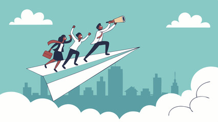 Vector businesspeople are flying paper airplane, celebrating success and exploring new