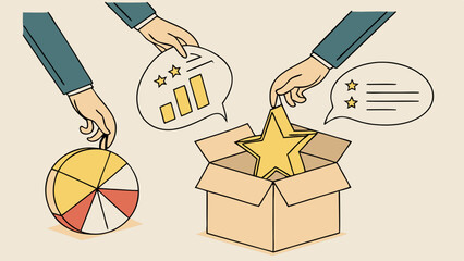 Vector business suits place star in box while discussing charts and feedback