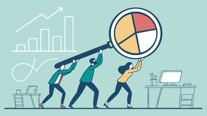 Vector Collaborative teamwork drives success as three businesspeople lift large magnifying glass over