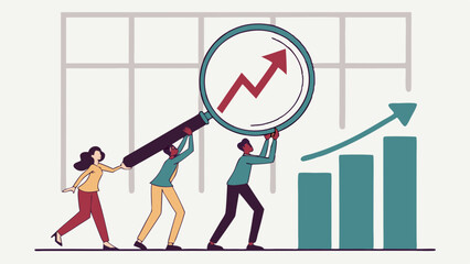 Vector businesspeople collaboratively lift large magnifying glass over growing graph