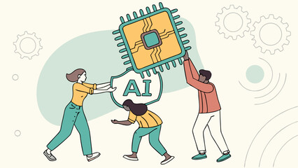 Vector collaboratively lift large microchip symbolizing AI technology