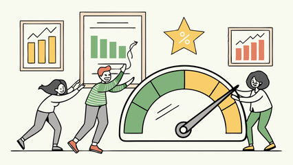 Vector Collaborative colleagues move speedometer, showcasing teamwork and progress
