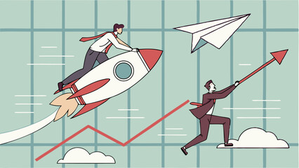 Vector Businessmen are depicted with rocket and paper airplane, symbolizing growth and innovation