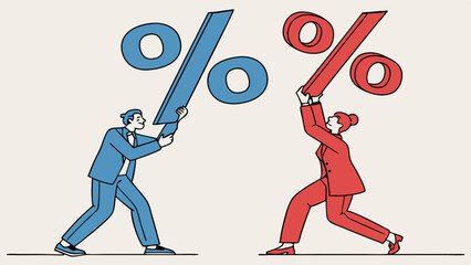 Vector large percentage symbols, one blue suit and one red suit, representing
