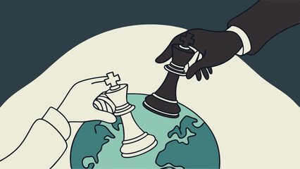 Vector representing opposing sides place chess pieces globe, symbolizing strategy