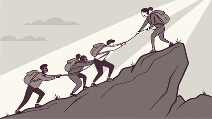 Vector Helping each other ascend mountain symbolizes teamwork and support in achieving goals