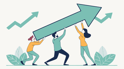 Vector Diverse business team holding a large upward arrow, symbolizing teamwork, motivation, growth, upward trend, success, collaboration, performance improvement