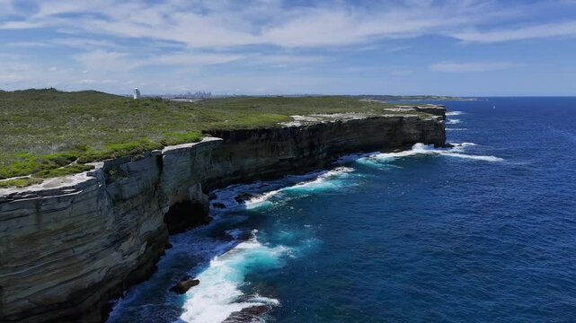 Sydney, Australia -UHD Drone Video- Spectacular cliffs and ocean views of the scenic Cape Baily track in Kamay Botany Bay National Park in South Sydney from Cape Solander to Kurnell.