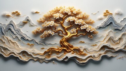 Golden bonsai tree with white blossom and layered mountain landscape, Serene composition featuring a blossoming tree and stylized mountains with gold accents