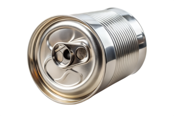 A shiny aluminum can isolated on transparent background is ready to be filled with your favorite beverage