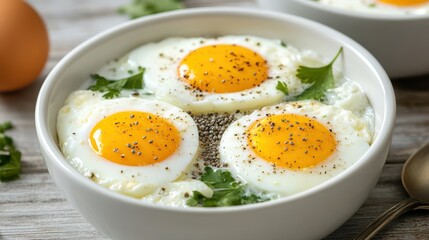 Three Fresh Eggs Nestled in Bowl with Green Herbs and Wooden Spoon