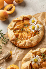 Summer apricot galeta with honey on baking parchment sheet. Summer open tart or pie