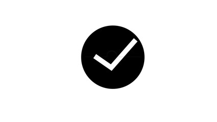 A bold white check mark symbol inside a black circle on a white background
