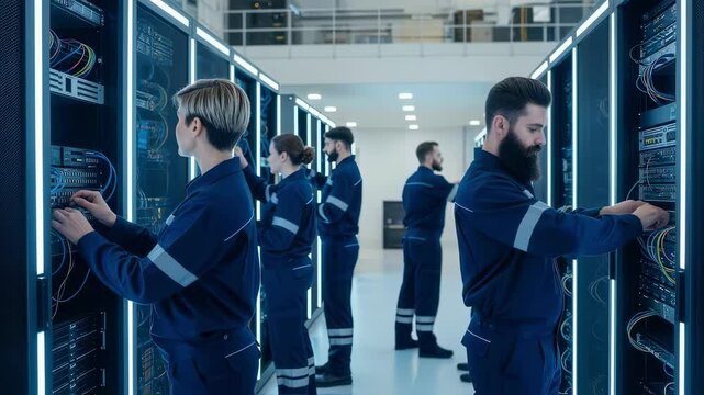 System administrators working on server racks in modern data center, performing maintenance and configuration tasks to ensure optimal network performance - Powered by Adobe