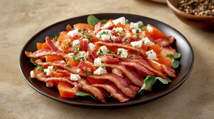 Plate of Crispy Bacon and Juicy Tomatoes Served in a Rustic Setting