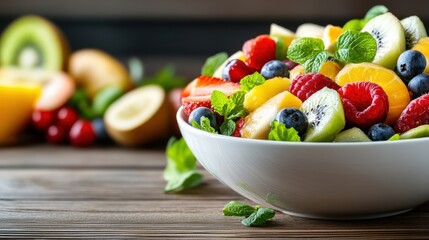 Vibrant Bowl of Fresh Fruit Garnished with Mint Leaves for Healthy Snack