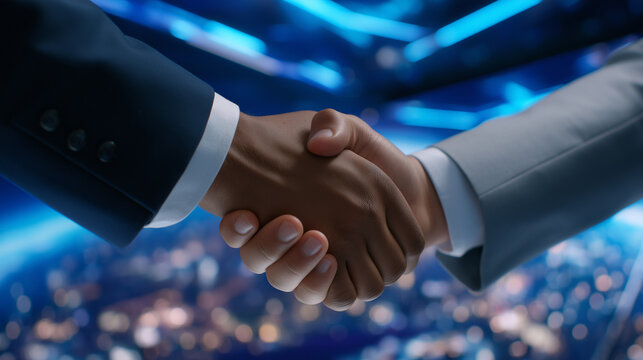 Handshake in front of company logo wall with dramatic lighting
