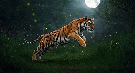 Majestic Tiger Leaping in a Dark Forest Under a Bright Full Moon