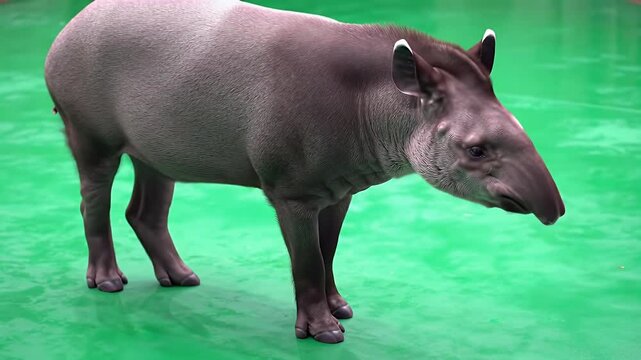 Majestic Lowland Tapir with Distinctive Snout Standing on Vibrant Green Background in Captivity