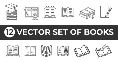 Collection of twelve vector line art icons representing books and education