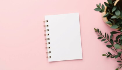 Blank notebook, pink background, plant