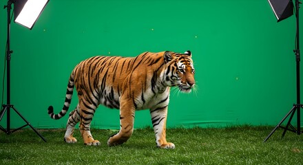 Majestic Tiger Walking in Front of a Green Screen in Film Studio
