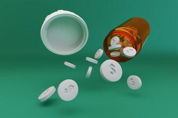 Pills with the dollar sign falling out of a bottle. 3d illustration.