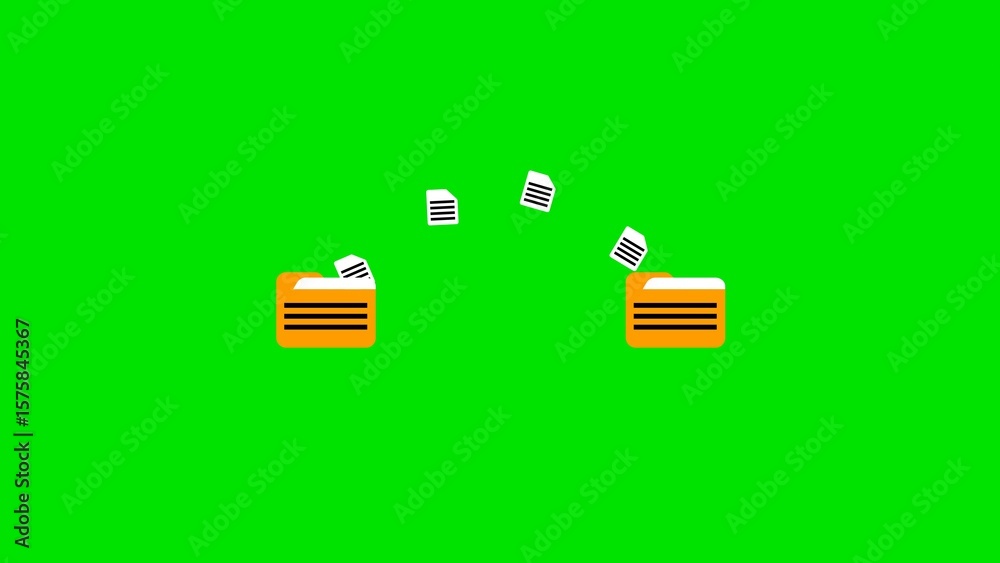 Poster animated data transfer concept illustrating document files moving between digital folders on a brigh
