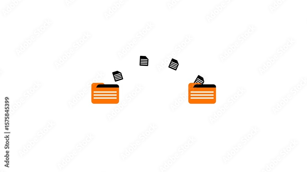 Poster data transfer and document exchange represented by stylized orange folders and papers with files mov