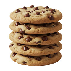 A tempting stack of five freshly baked chocolate chip cookies, showcasing their rich texture and generous chocolate chunks, isolated on a clean transparent background
