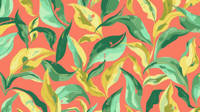 Abstract tropical pattern with flowing leaf-like shapes, overlapping organic lines in bright green and yellow, background in warm coral pink, mulu design