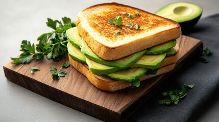 Delicious Avocado and Cheese Sandwich on Rustic Wooden Cutting Board
