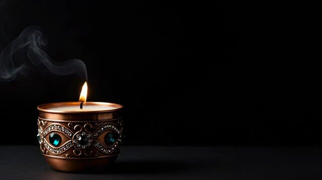 Exquisite jeweled candle bowl, serene mood, emitting smoke against a black background with copy space.