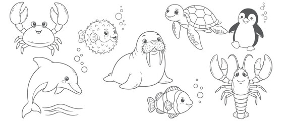 Cute underwater marine animals vector illustration set featuring dolphin, crab, lobster, fish, penguin, turtle, walrus, and pufferfish in cartoon style