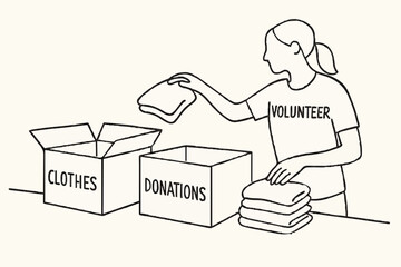 Volunteer sorting clothes donations into boxes, depicted in minimalist line art. Great for charity work, community service, volunteering, and eco-friendly lifestyle designs.