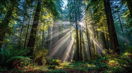 Sunlight filtering through redwood forest