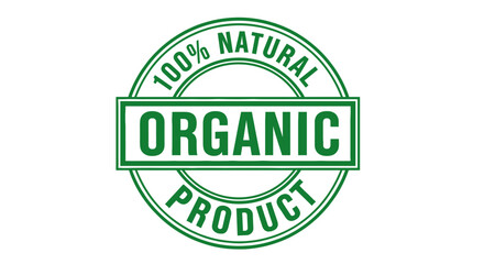 Stamp with text reads 100% natural organic product. Green circular design for food, eco-friendly, healthy lifestyle