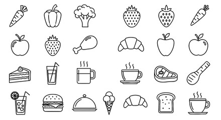 Line art food icons depicting common food and drink items. Restaurant menu symbols, dining, cuisine, nutrition, meals, eating