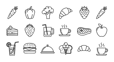 Food icons set for healthy eating and nutrition concept. Line art vector illustration of food items including fruits, vegetables, desserts, and drinks.