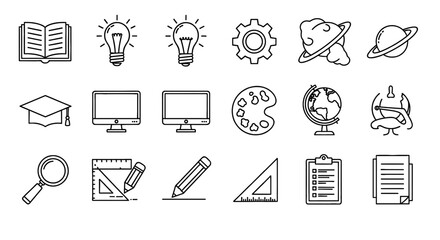 Icons illustrate education and learning concepts. Set of linear symbols for knowledge, science, school and university, studying and research.